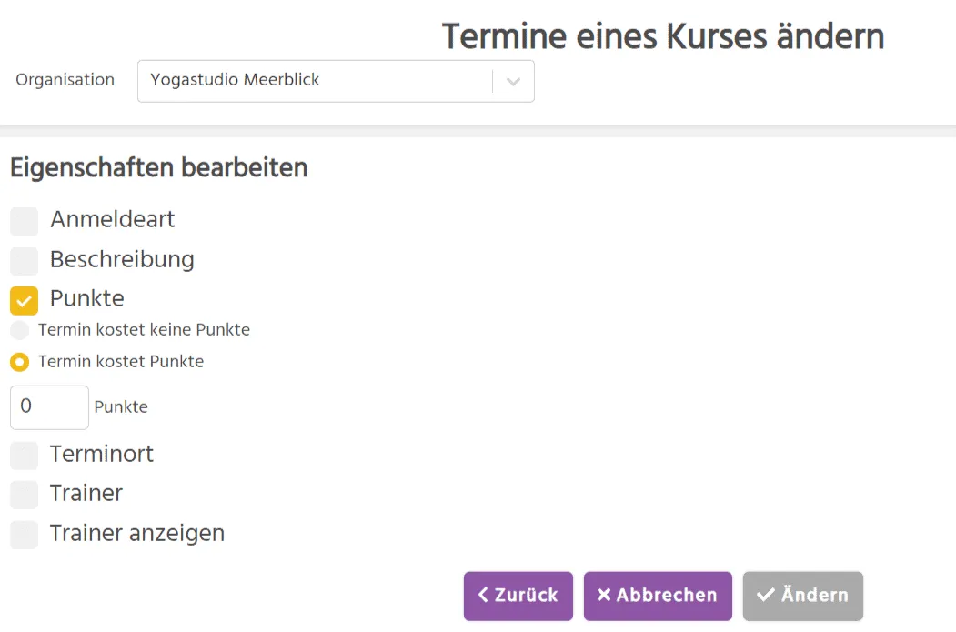Punkte für bestehende Termine festlegen in kursifant