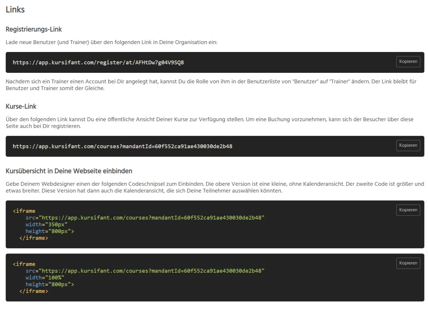 Registrierungslink und Kurse-Link zum Kopieren in kursifant
