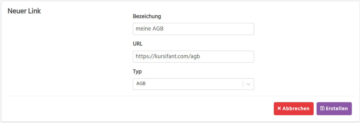 Formular zum Anlegen eines neuen AGB-Links in kursifant