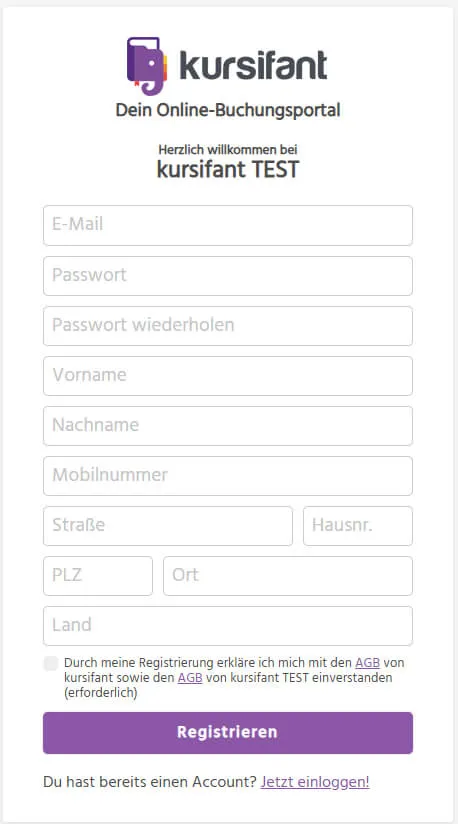 Registrierungsformular mit Pflicht-Checkbox für AGB in kursifant
