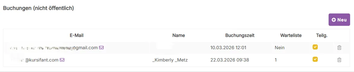 Admin-Ansicht: Buchungsliste mit Warteliste-Spalte zeigt Position der Teilnehmer