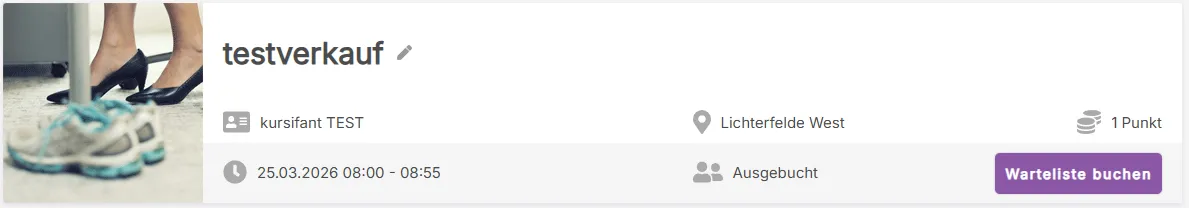 Teilnehmer-Ansicht: Kurs ausgebucht mit Button Warteliste buchen