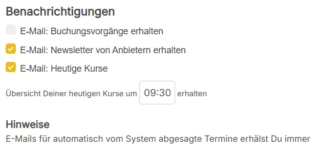 Benachrichtigungseinstellungen in kursifant: Buchungsvorgänge, Newsletter, heutige Kurse mit Uhrzeitwahl