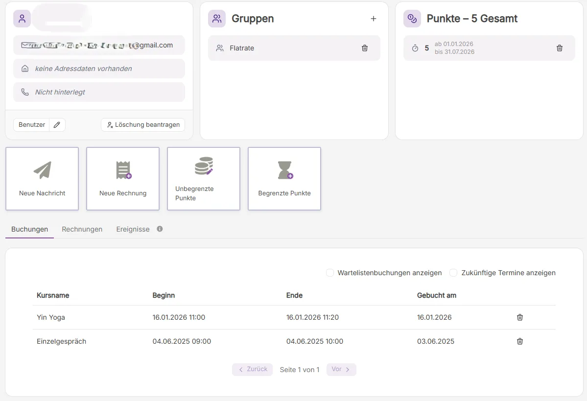 Benutzerdetailansicht in kursifant: Gruppen, Punkte, Aktions-Buttons und Buchungshistorie