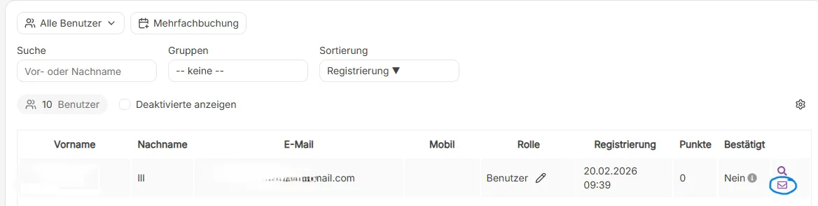 Benutzerliste in kursifant mit Spalten: Name, E-Mail, Rolle, Registrierung, Punkte, Bestätigt