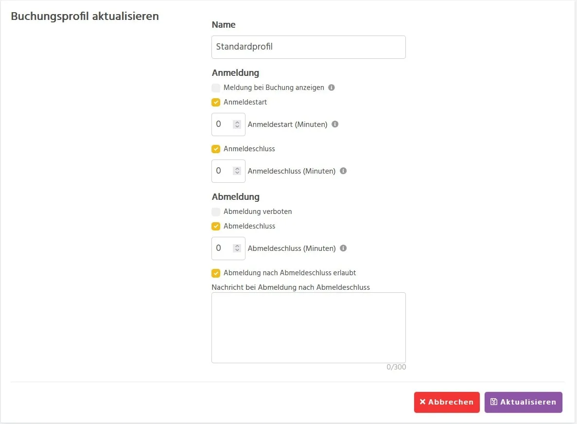 Buchungsprofile in kursifant: Übersicht der Einstellungen