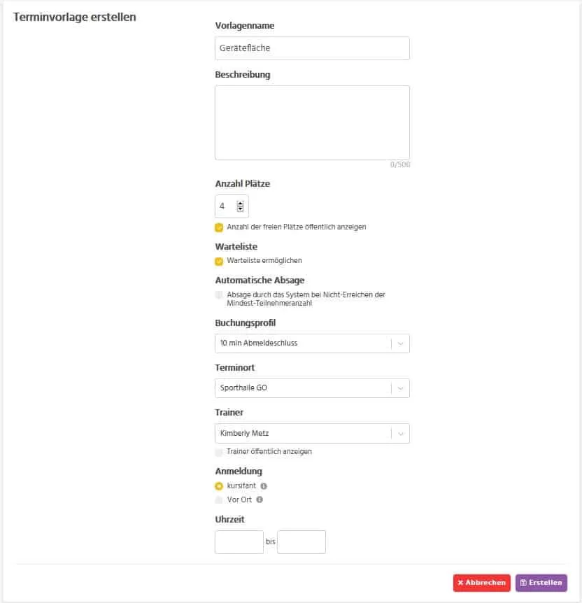 Terminvorlage ohne Uhrzeit für Gerätefläche anlegen in kursifant