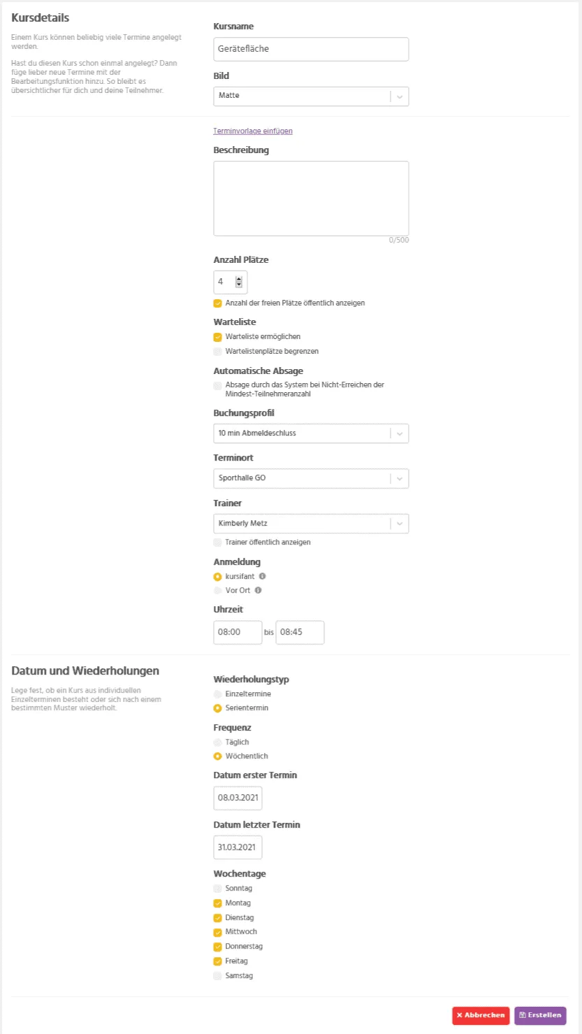 Ersten Zeitslot für die Gerätefläche vergeben in kursifant