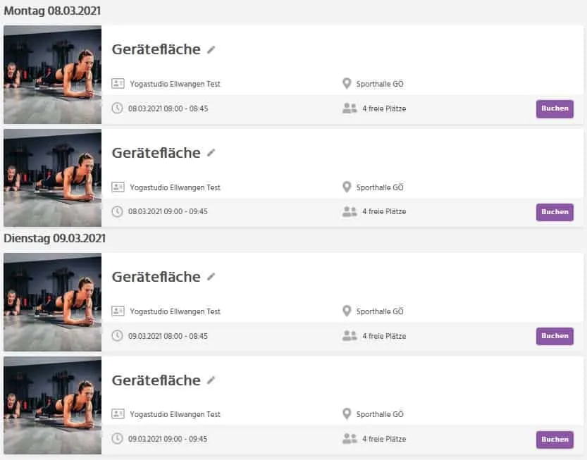 Fertige Terminslots für Gerätefläche in der Übersicht
