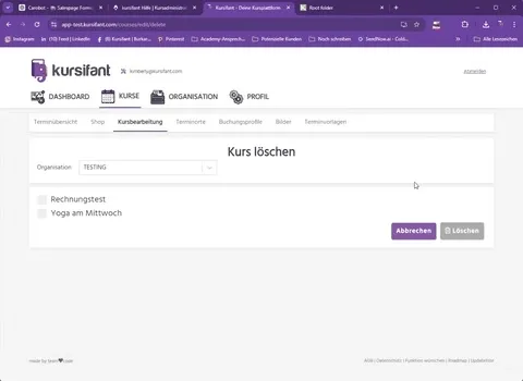 Kurs in kursifant löschen mit Bestätigungsdialog