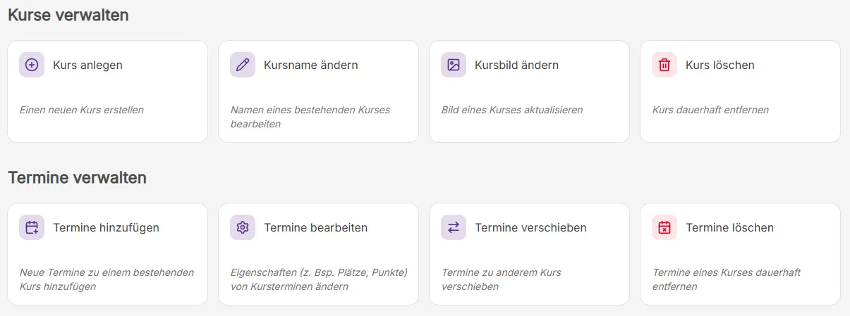 Kursadministration in kursifant: Kurse verwalten (anlegen, Name ändern, Bild ändern, löschen) und Termine verwalten (hinzufügen, bearbeiten, verschieben, löschen)
