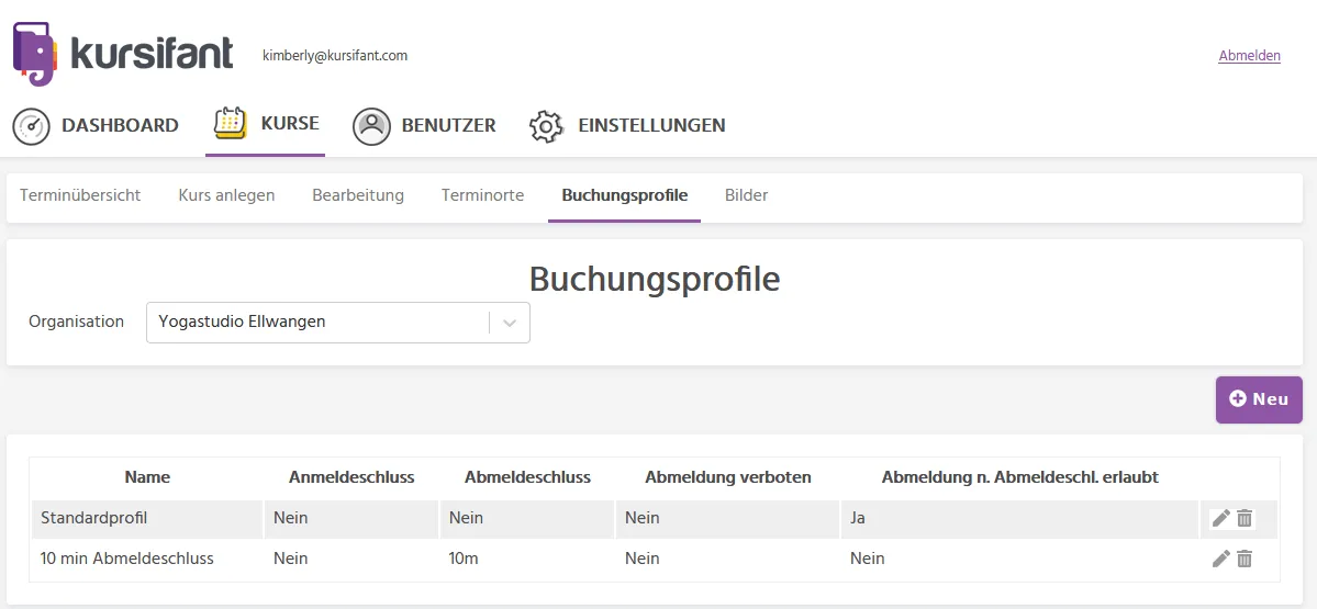 Mehrere Buchungsprofile in kursifant