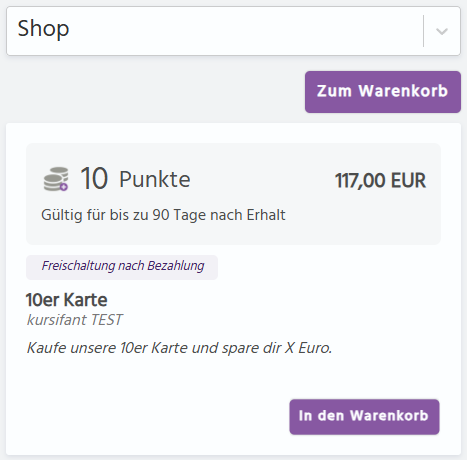 Punktekarten oder Produkte im Shop kaufen