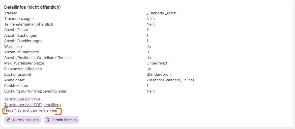 Termindetailansicht mit markiertem Link 'Neue Nachricht an Teilnehmer' in kursifant