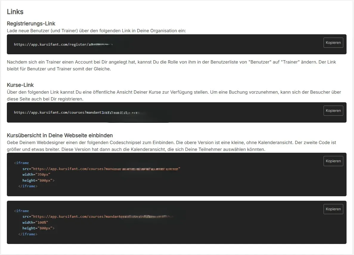 Einladen-Bereich in kursifant: Registrierlink, Kurse-Link, Embed-Codes und E-Mail-Einladung