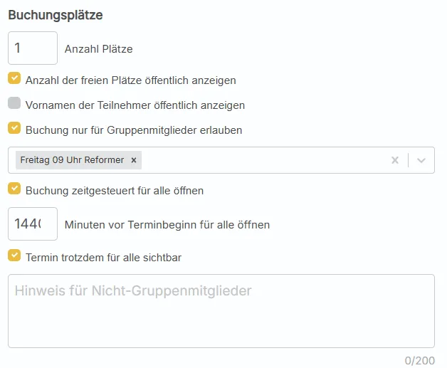 Buchungsplätze-Einstellungen in kursifant: Buchung nur für Gruppenmitglieder erlauben, zeitgesteuert für alle öffnen, Termin trotzdem für alle sichtbar