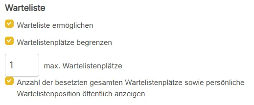 Warteliste-Einstellungen im Buchungsprofil: Warteliste ermöglichen, Plätze begrenzen, Position anzeigen