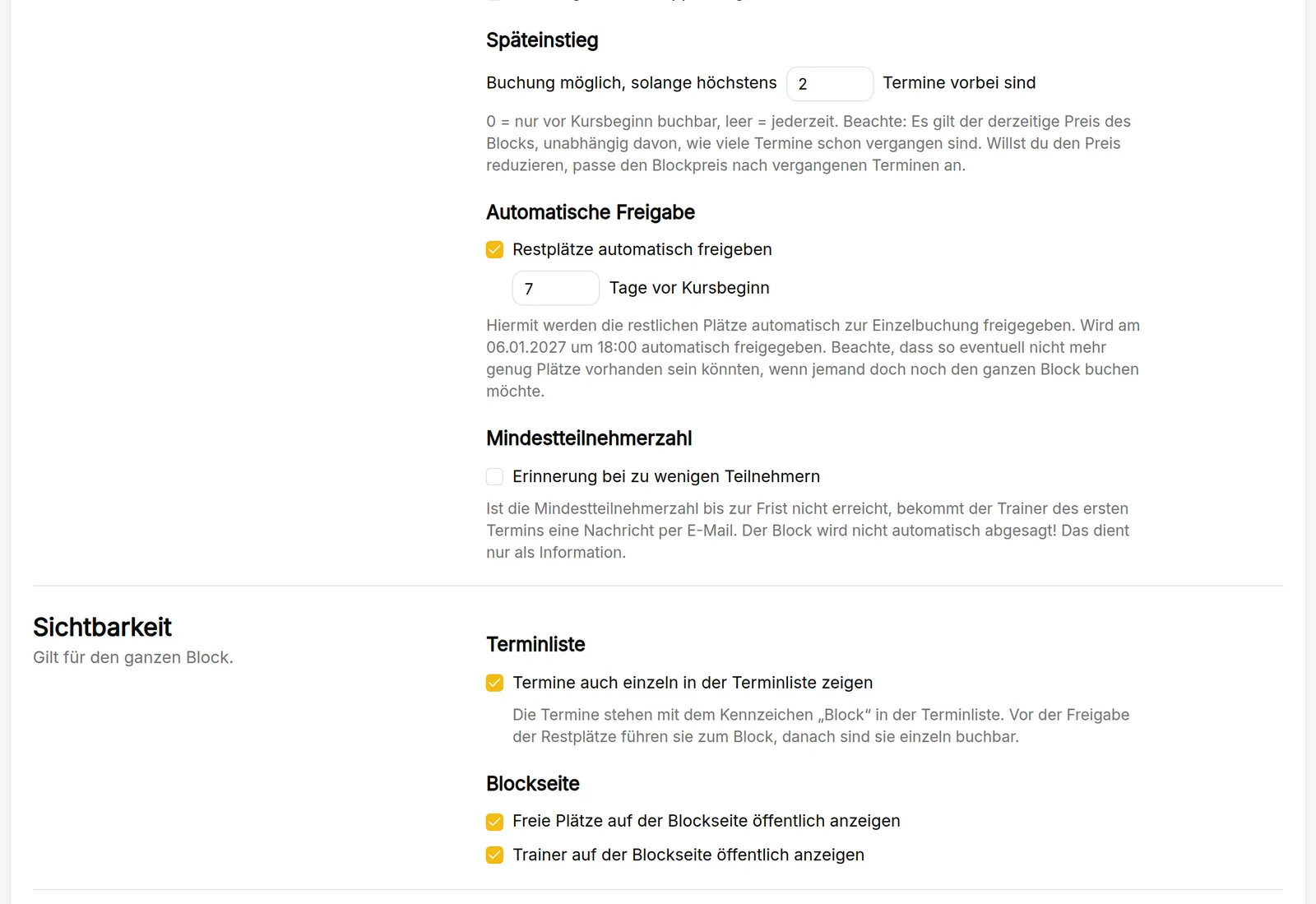 Block-Einstellungen in kursifant: Späteinstieg, automatische Freigabe der Restplätze, Mindestteilnehmerzahl und Sichtbarkeit in Terminliste und Blockseite