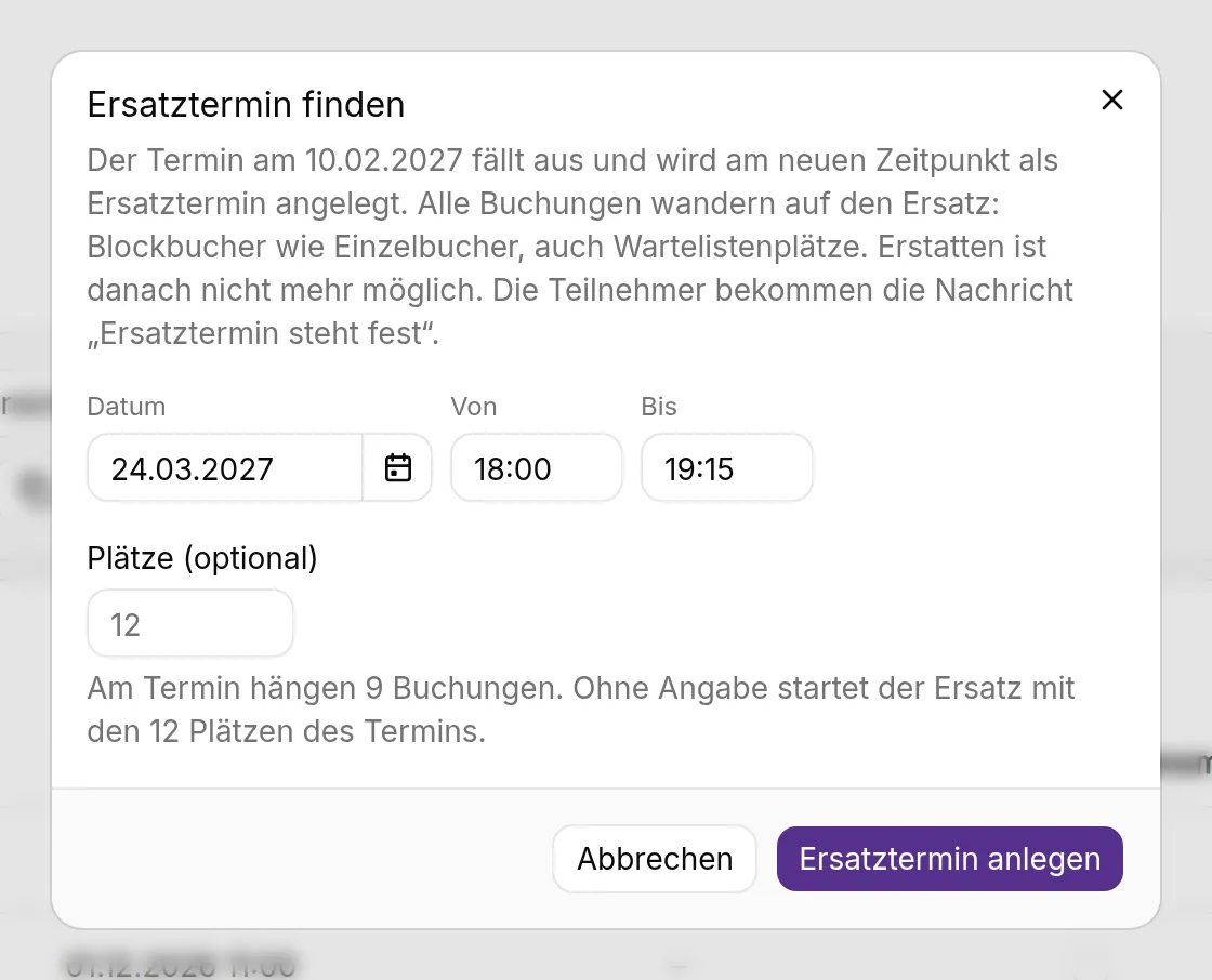 Dialog Ersatztermin finden in kursifant mit Datum, Uhrzeit und optionaler Platzzahl