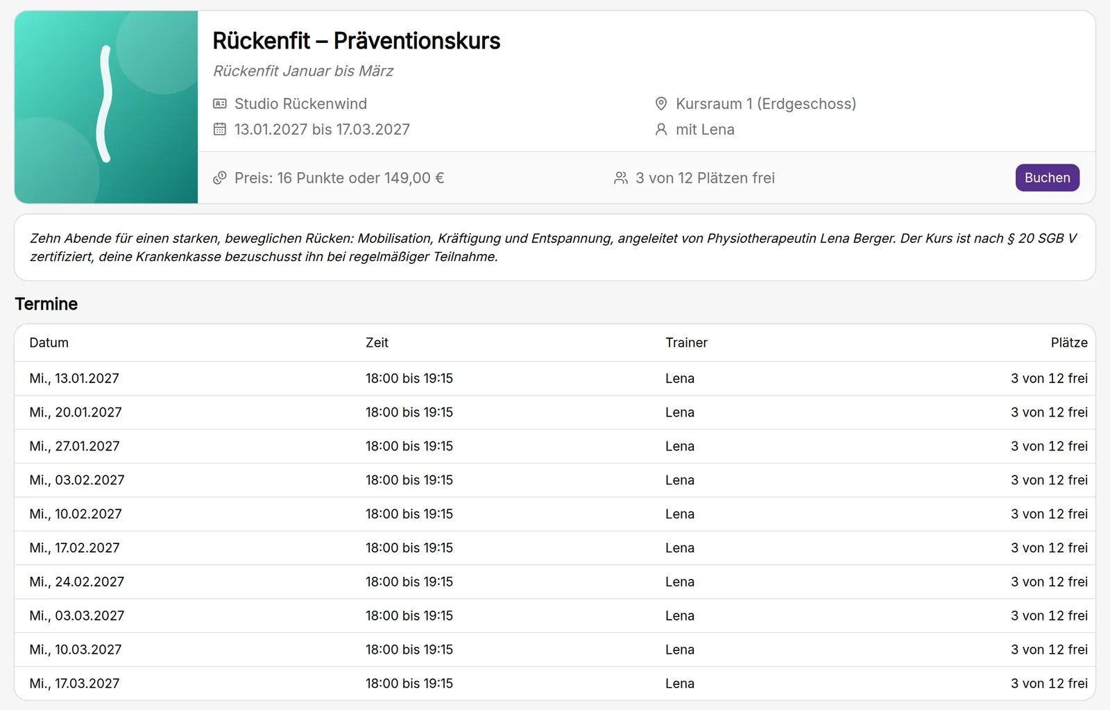 Öffentliche Blockseite in kursifant aus Teilnehmersicht mit Kursbild, Beschreibung, Preis, freien Plätzen, Buchen-Knopf und Liste aller zehn Termine