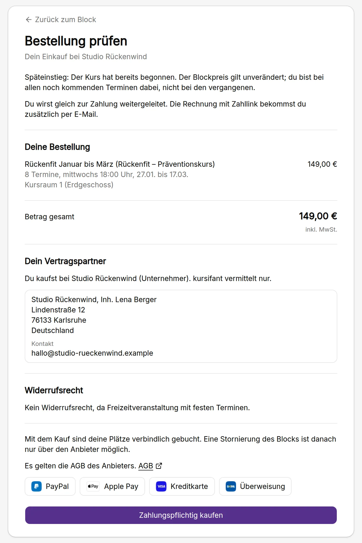 Bestellseite für einen Block in kursifant mit Terminen, Gesamtbetrag, Vertragspartner, Widerrufshinweis, AGB und Zahlungsarten