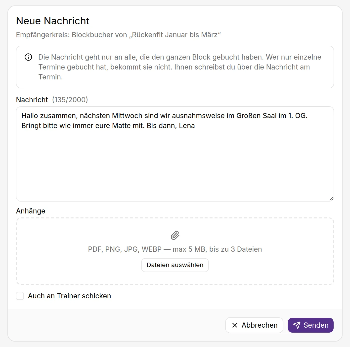 Formular Neue Nachricht in kursifant mit Empfängerkreis Blockbucher eines Blocks, Nachrichtentext, Anhängen und Option Auch an Trainer schicken