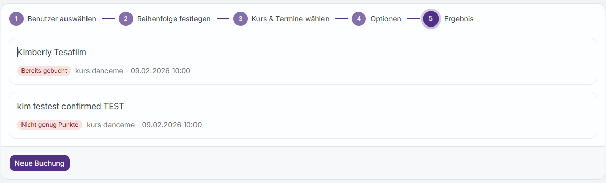 Erfolgsmeldung: Mehrfachbuchung erfolgreich