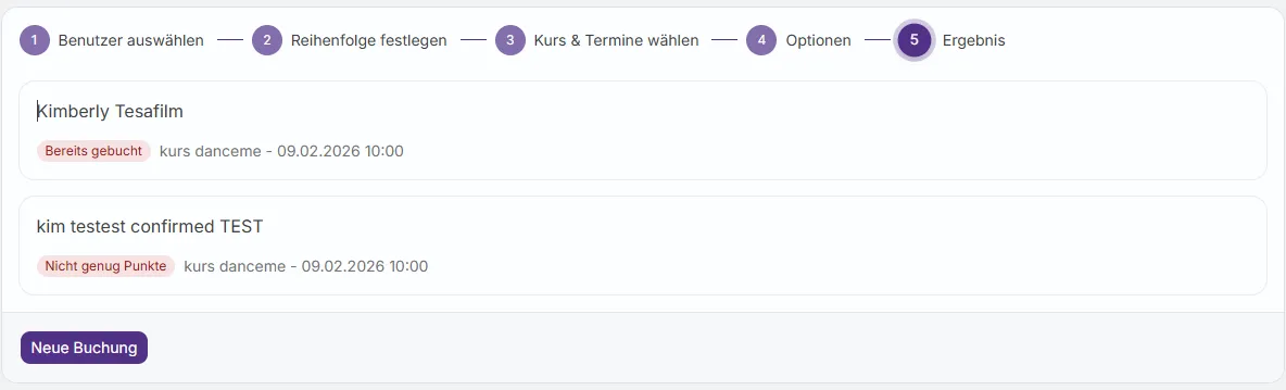 Erfolgsmeldung: Mehrfachbuchung erfolgreich