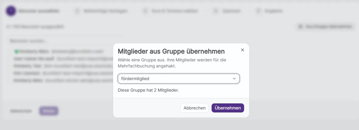 Dialog Mitglieder aus Gruppe uebernehmen mit Gruppenauswahl